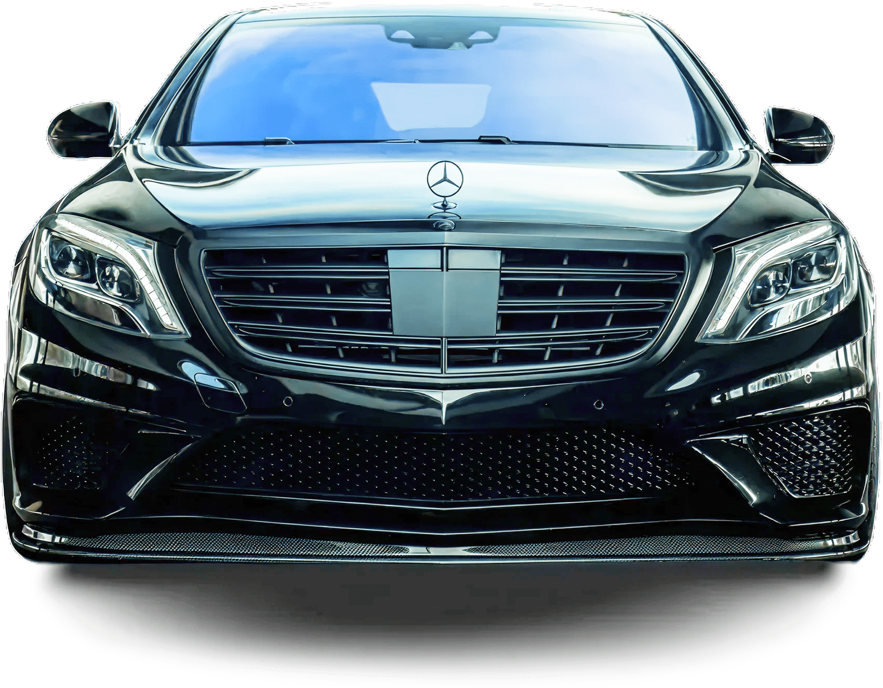 Front view of a black luxury car.